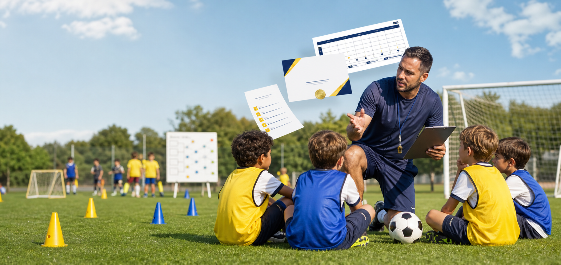 Treinador organizando crianças em um festival de futebol no campo